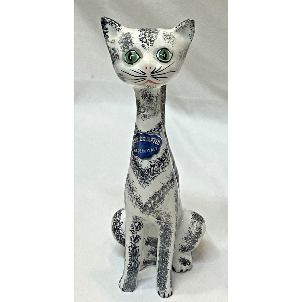 Vintage mid-century Italian Ceramic Long Neck Cat Black Stripes ITALY 8"